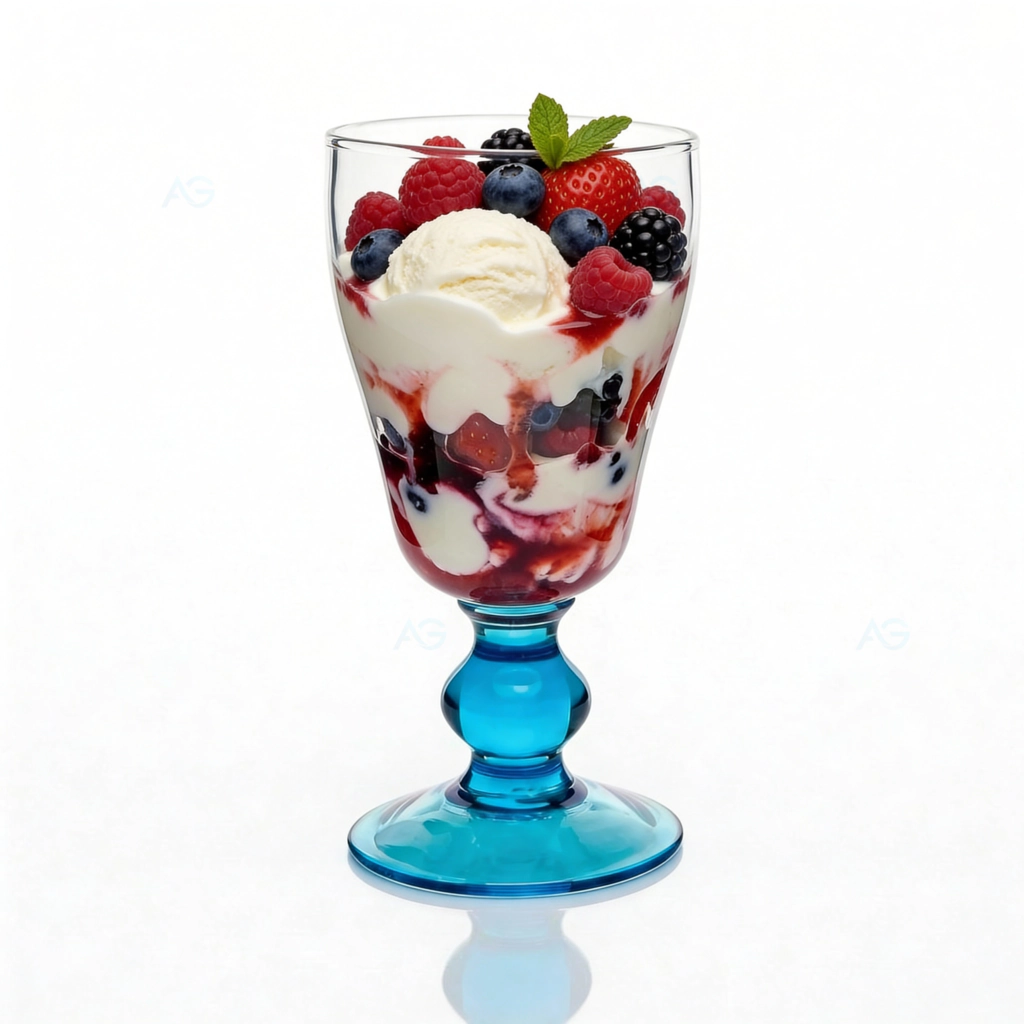 Eisbecher aus Glas mit Vanilleeis, Beeren und Fruchtsauce auf weißem Hintergrund.