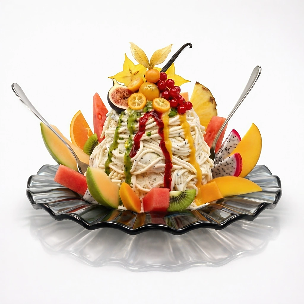 ADRIAGEL® Spaghetti-Eisteller aus mundgeblasenem Glas mit frischem Spaghetti-Eis und Früchten – Premium-Glaswaren für Eiscafés