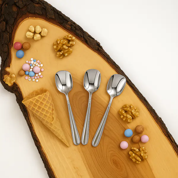 Drei hochwertige Eislöffel aus Edelstahl auf dekorativem Holzbrett mit Eisdekoration, professionelles Dessertbesteck für Eisdielen und Gastronomie aus dem Sortiment von AdriaGel24.