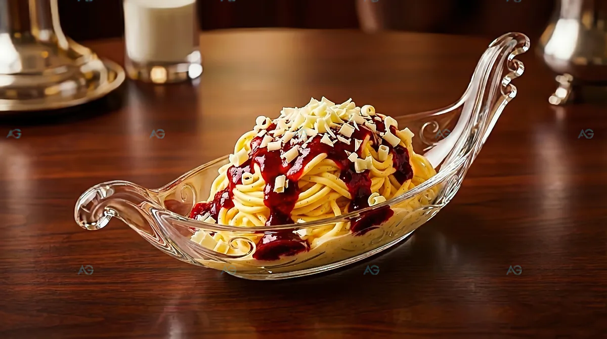 Spaghettieis mit Himbeersoße und weißer Schokolade in Gondola Venezia Spaghettieisglas