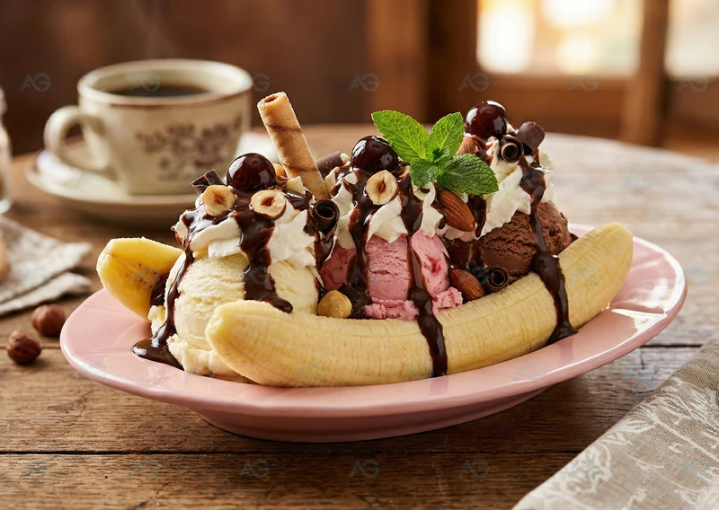 Der klassische Barchetta-Teller für Ihren perfekten Bananensplit Bananensplit angerichtet auf grünem Porzellan Barchetta-Teller in Football-Form