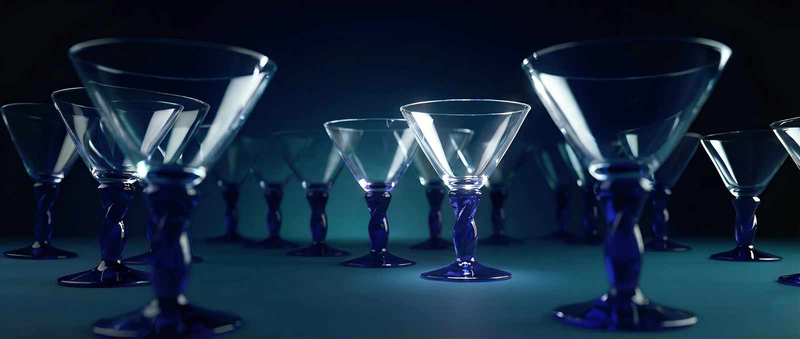 Adriagel® Leonardo Signature Kollektion – Kobaltblaue Design Eisgläser ADRIAGEL® Kobaltblau Kollektion – Mundgeblasene Eisgläser mit elegantem kobaltblauem Stiel in dramatischer Lichtstimmung