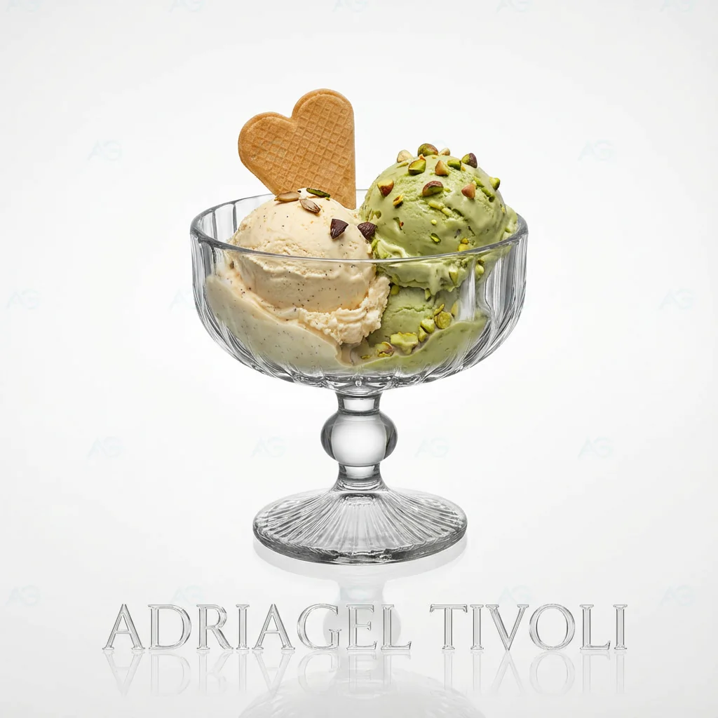 Premium Stielglas Tivoli kristallklar 300ml mit Rillen-Design und extra breitem 120mm Kelch von ADRIAGEL® - präsentiert mit Pistazieneis und Waffelherz